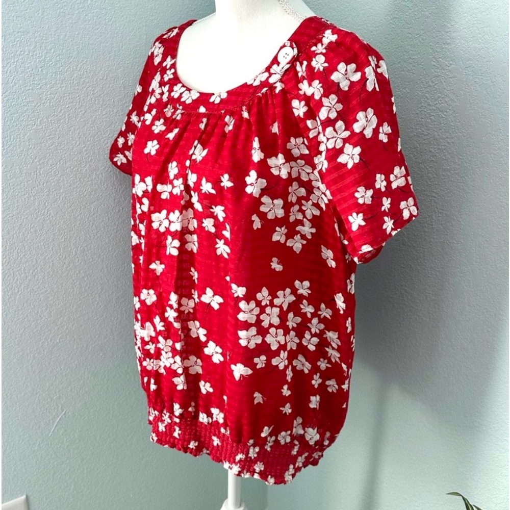 Alfred Dunner Floral Cotton Top Plus Size 20 Red White Short Sleeve Casual EUC